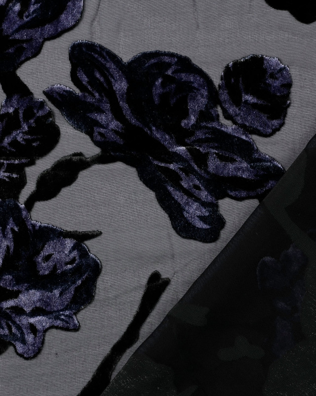 Voile Noir Impression Velours Fleuri Prune - Mercerine