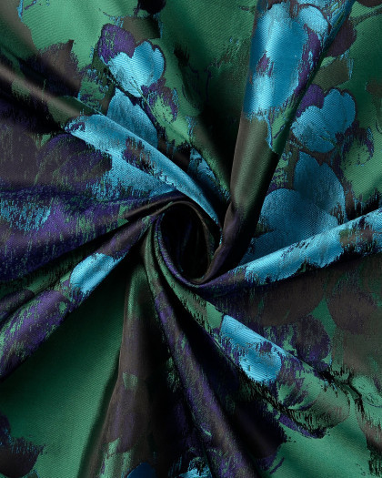 Tissu Jacquard Motif Aquarelle Fleuri Vert et Bleu - Mercerine