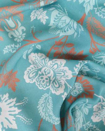 Voile de Viscose Turquoise Motif Fleuri Ibiza - Mercerine