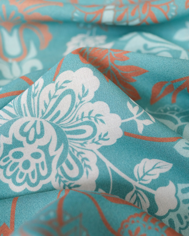 Voile de Viscose Turquoise Motif Fleuri - Mercerine