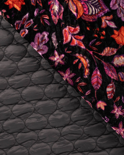 Velours Matelassé Noir Motif Fleuri Mauve - Mercerine