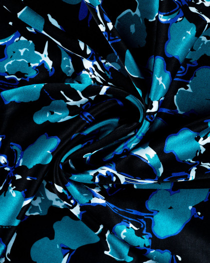 Satin de Viscose Motif Floral Bleu Fond Noir - Mercerine