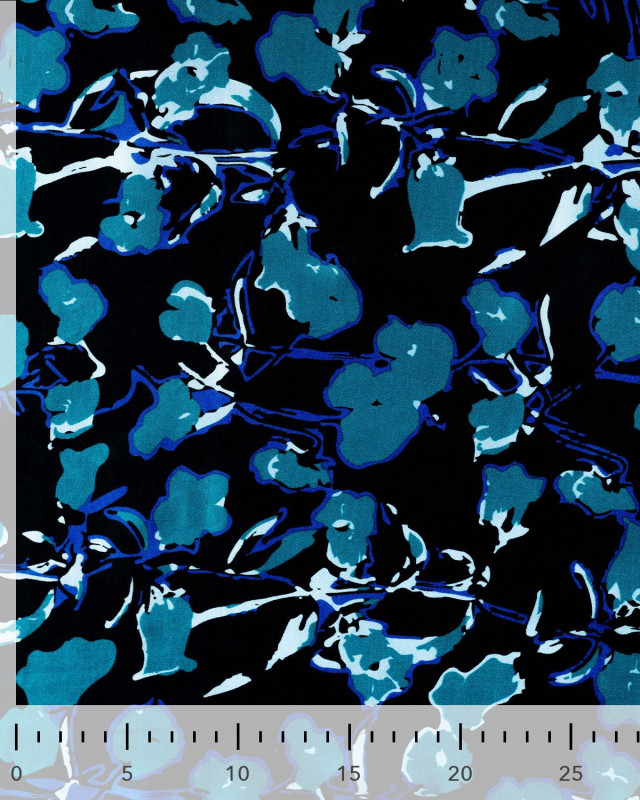Satin de Viscose Motif Floral Bleu Fond Noir - Mercerine