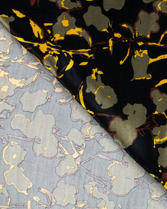 Satin de Viscose Motif Floral Kaki Fond Noir - Mercerine
