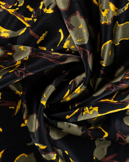 Satin de Viscose Motif Floral Kaki Fond Noir - Mercerine