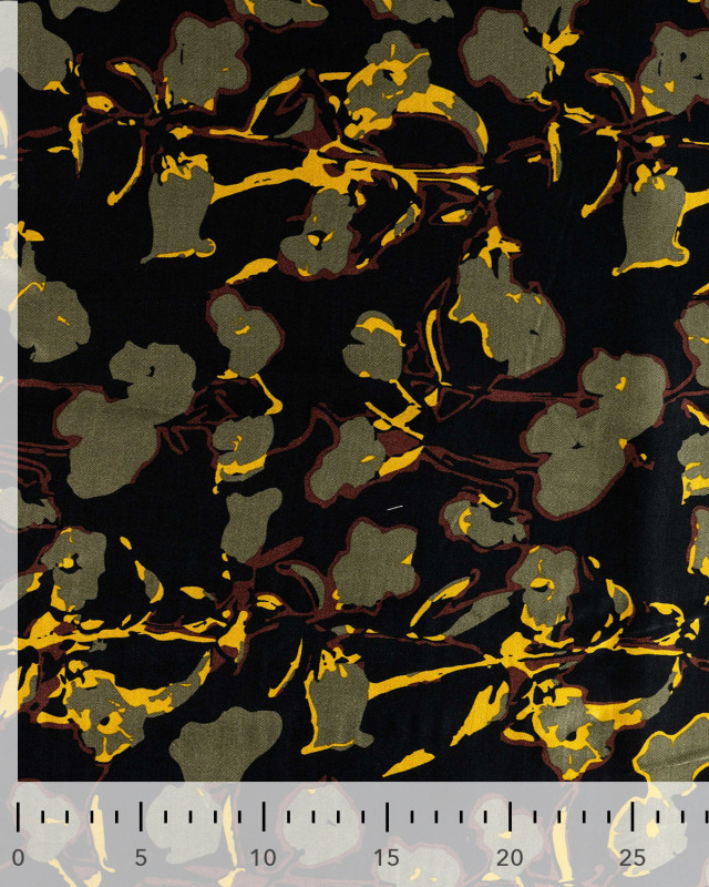 Satin de Viscose Motif Floral Kaki Fond Noir - Mercerine
