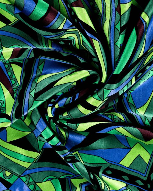 Satin de Viscose Motif Couture Vert et Bleu - Mercerine