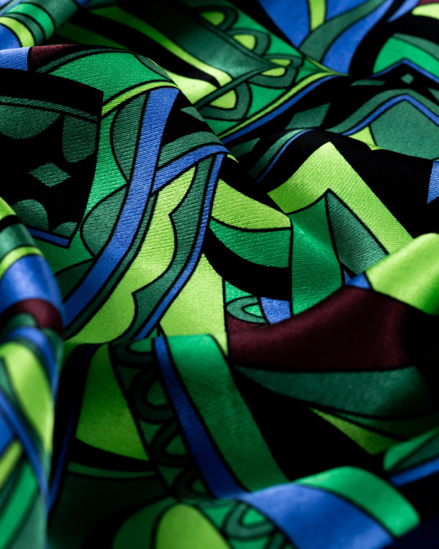 Satin de Viscose Motif Couture Vert et Bleu - Mercerine