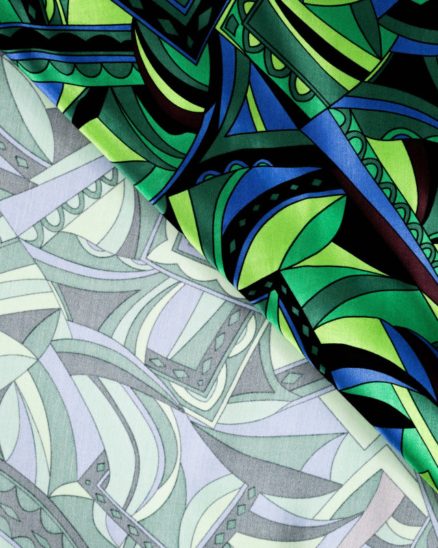 Satin de Viscose Motif Couture Vert et Bleu - Mercerine