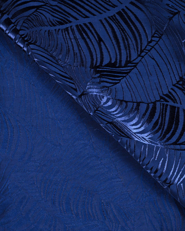 Viscose Jacquard Motif Feuillage Ton sur Ton Bleu Marine - Mercerine