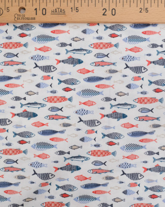 Coton Enduit Motif Poissons Bleus et Rouges - Mercerine