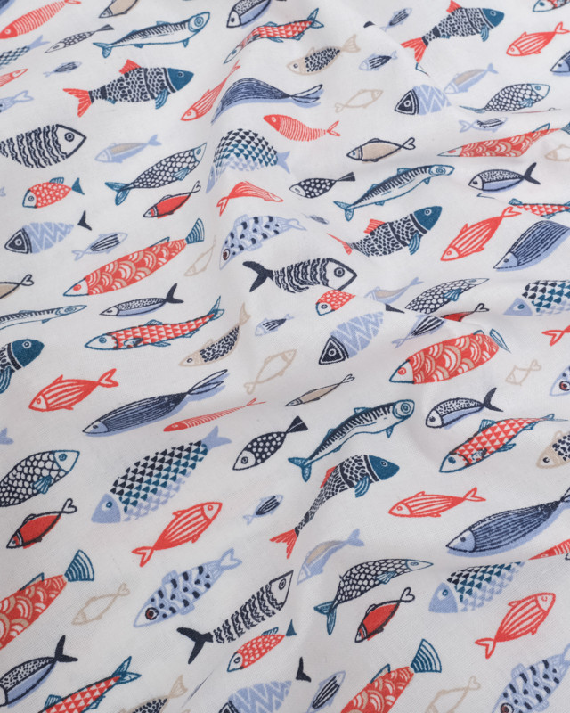 Coton Enduit Motif Poissons Bleus et Rouges - Mercerine
