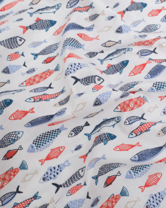 Coton Enduit Motif Poissons Bleus et Rouges - Mercerine