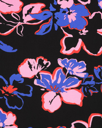 Tissu Viscose Ecovero Fond Noir Fleurs Roses et Bleues - Mercerine