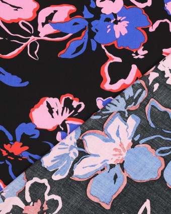 Tissu Viscose Ecovero Fond Noir Fleurs Roses et Bleues - Mercerine