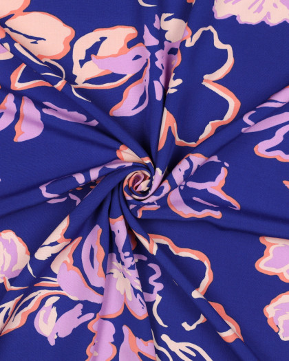 Viscose Ecovero Fond Bleu Fleurs Lilas  - Mercerine
