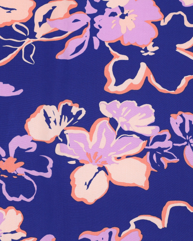 Tissu Viscose Ecovero Fond Bleu Fleurs Lilas - Mercerine