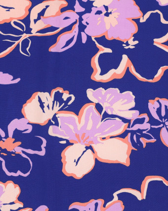 Tissu Viscose Ecovero Fond Bleu Fleurs Lilas - Mercerine
