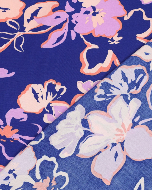 Tissu Viscose Ecovero Fond Bleu Fleurs Lilas - Mercerine