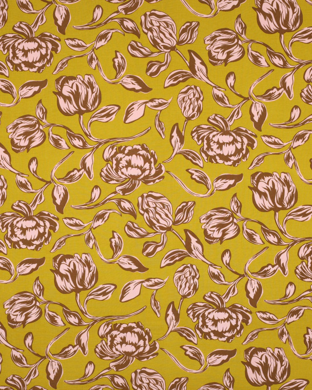 Tissu Viscose Ecovero  Ocre Motif Fleuri Romantique - Mercerine