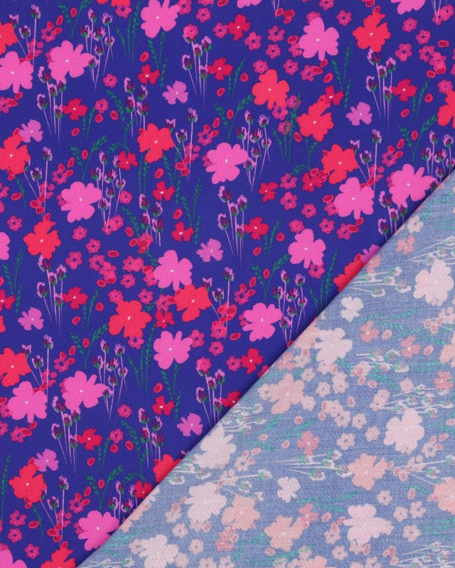 Tissu Viscose Ecovero Bleu Roi Motif Fleuri Champêtre - Mercerine