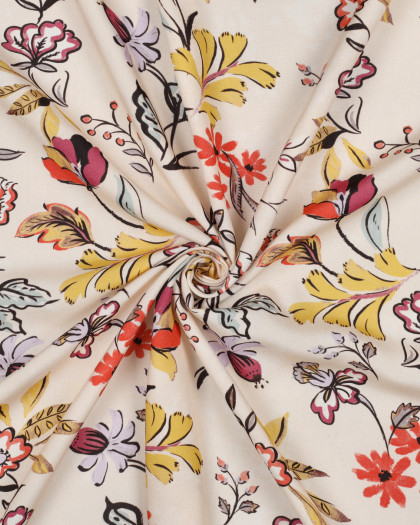 Viscose Ecrue Motif Fleuri Coloré - Mercerine