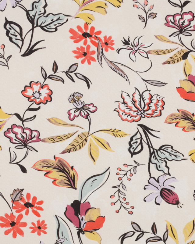 Tissu Viscose Ecrue Motif Fleuri Coloré - Mercerine