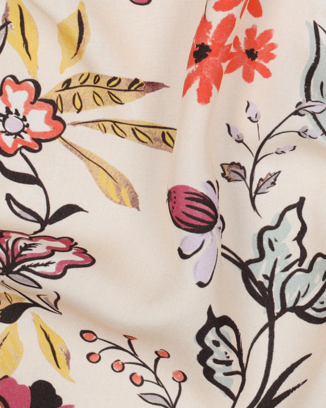 Tissu Viscose Ecrue Motif Fleuri Coloré - Mercerine