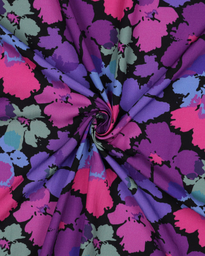 Viscose Noire Motif Fleuri Rose et Violet - Mercerine
