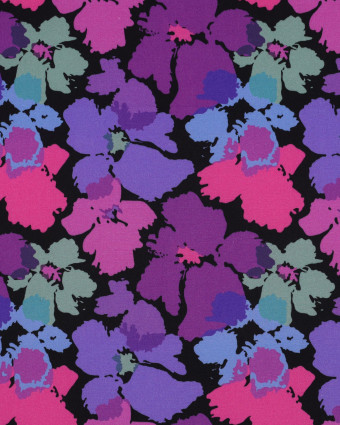 Tissu Viscose Noire Motif Fleuri Rose et Violet - Mercerine