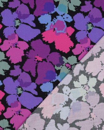 Tissu Viscose Noire Motif Fleuri Rose et Violet - Mercerine