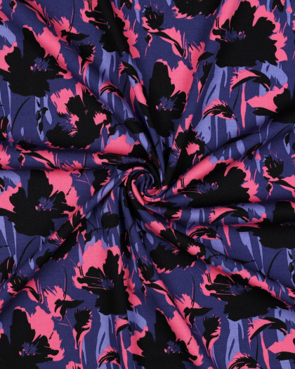 Viscose Stretch Myrtille Motif Floral Rose et Noir - Mercerine