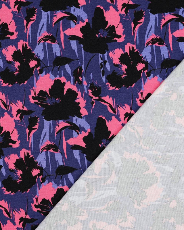 Tissu Viscose Stretch Myrtille Motif Floral Rose et Noir - Mercerine
