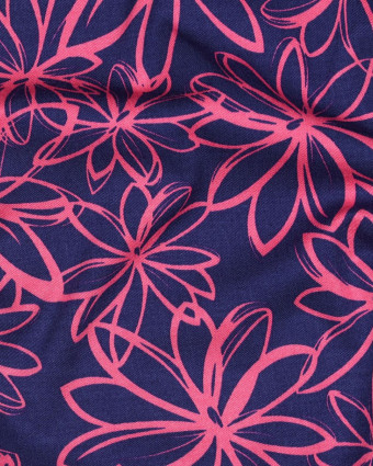 Tissu Viscose Bleu Stretch Grandes Fleurs Roses - Mercerine