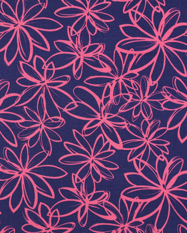 Tissu Viscose Bleu Stretch Grandes Fleurs Roses - Mercerine