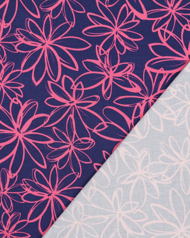 Tissu Viscose Bleu Stretch Grandes Fleurs Roses - Mercerine