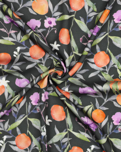 Satin de Viscose Kaki Motif Fleuri Fruit - Mercerine