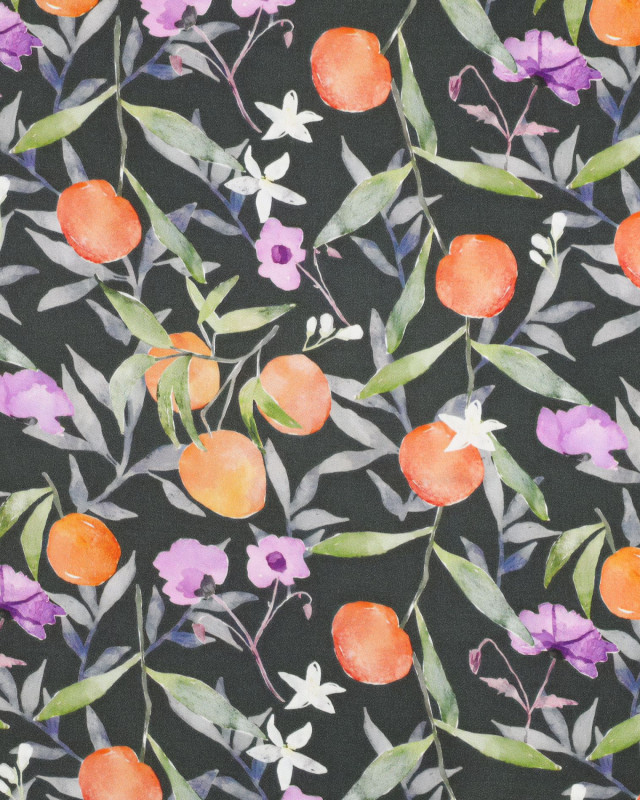 Satin de Viscose Kaki Motif Fleuri Fruit - Mercerine