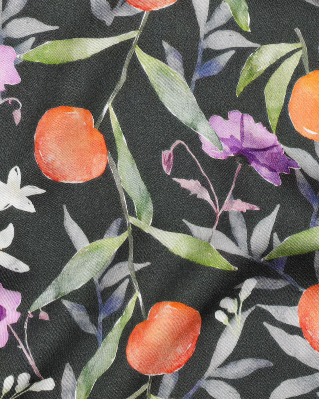 Satin de Viscose Kaki Motif Fleuri Fruit - Mercerine