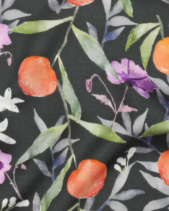 Satin de Viscose Kaki Motif Fleuri Fruit - Mercerine