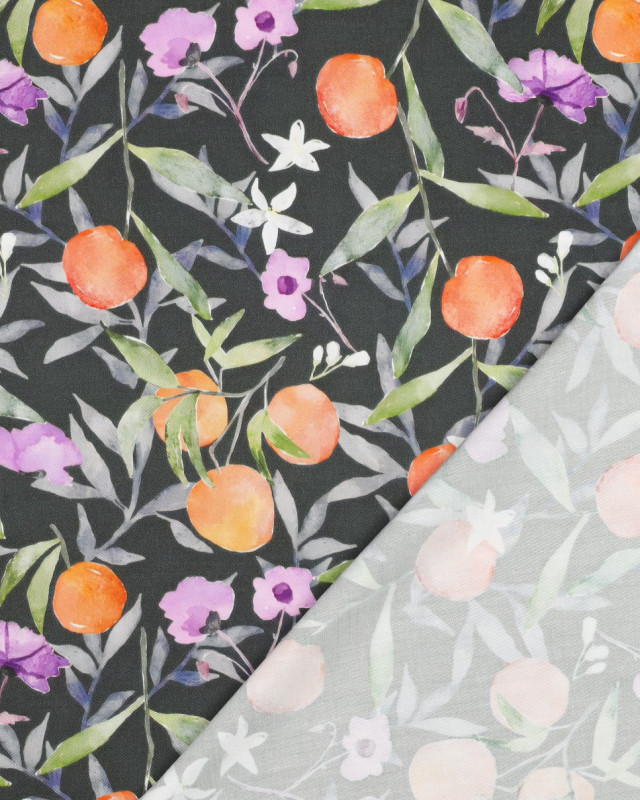 Satin de Viscose Kaki Motif Fleuri Fruit - Mercerine