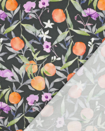 Satin de Viscose Kaki Motif Fleuri Fruit - Mercerine