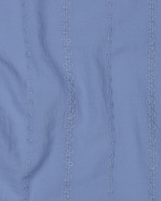 Voile de Coton Bleu Broderies Rayures Fines  - Mercerine