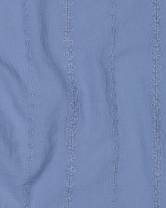 Voile de Coton Bleu Broderies Rayures Fines  - Mercerine