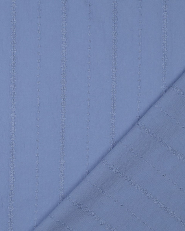 Voile de Coton Bleu Broderies Rayures Fines  - Mercerine