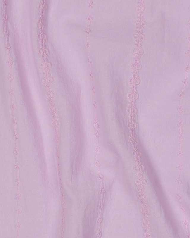 Voile de Coton Rose Broderies Rayures Fines  - Mercerine