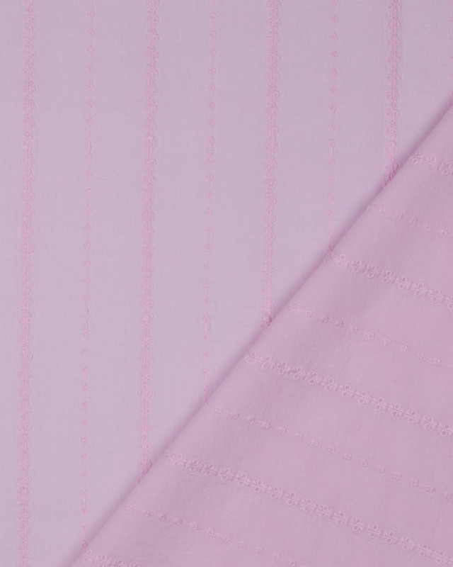 Voile de Coton Rose Broderies Rayures Fines  - Mercerine