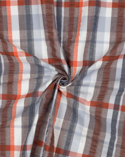 Tissu Seersucker Carreaux Bleu Gris Marron - Mercerine