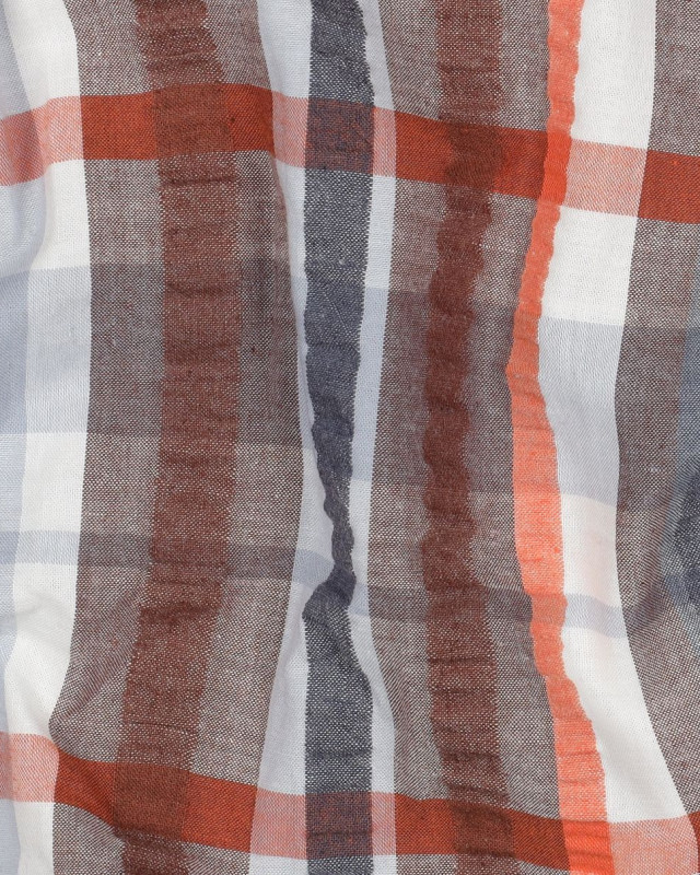 Tissu Seersucker Carreaux Bleu Gris Marron - Mercerine