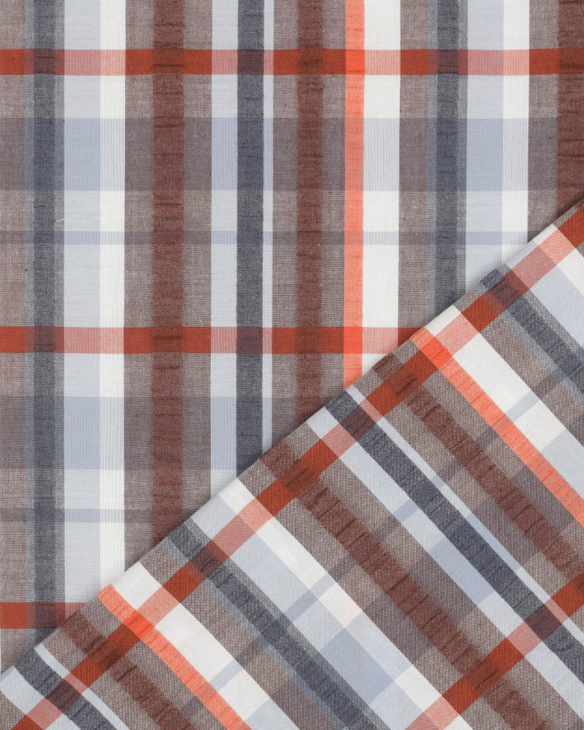 Tissu Seersucker Carreaux Bleu Gris Marron - Mercerine